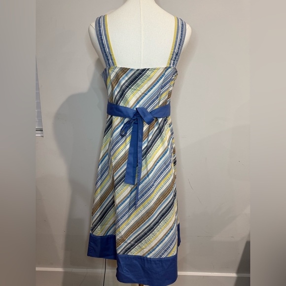 Patagonia Size 10 Netty V-neck Striped Tie Back Midi Dress - Blue, Yellow, Brown - Picture 3 of 9